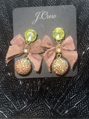 J.CREW Pave Crystal Drop Bow Earrings Taupe Brown